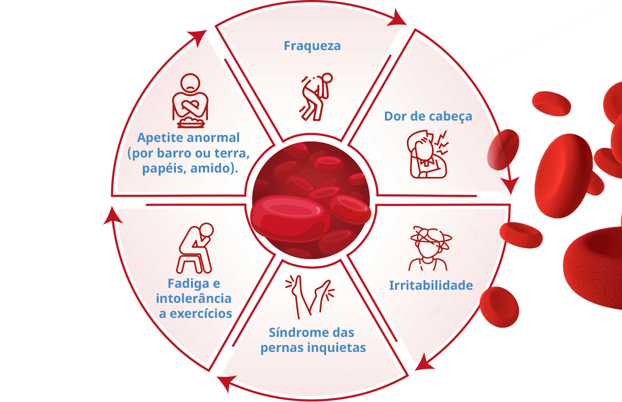 Ilustração contendo os sintomas gerais da anemia: fraqueza, dor de cabeça, irritabilidade, síndrome das pernas inquietas, fadiga e intolerância a exercícios, apetite anormal (por barro ou terra, papéis, amido).
